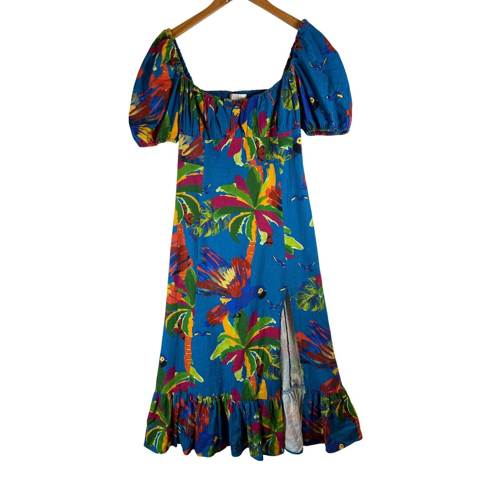 House of Harlow 1960 Blue Tropical Parrot Linen Blend Puff Sleeve Midi Dress S
